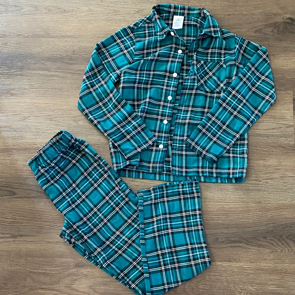 Lands' End Kids Teal Plaid Flannel Green Pajama Set Size 12